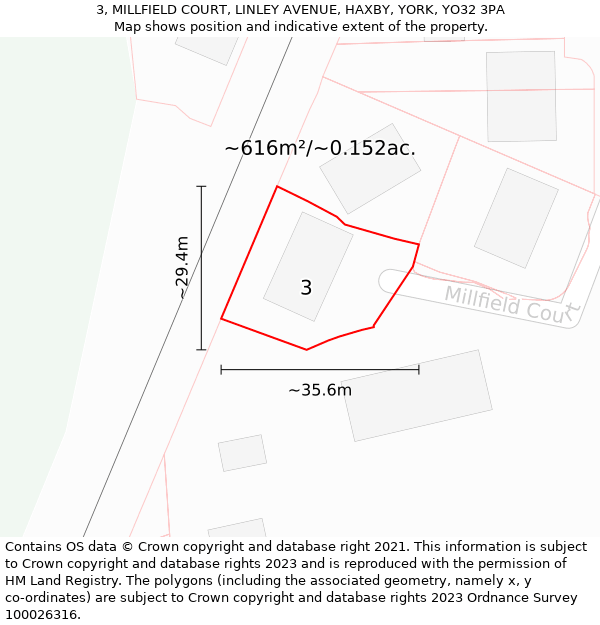 3, MILLFIELD COURT, LINLEY AVENUE, HAXBY, YORK, YO32 3PA: Plot and title map