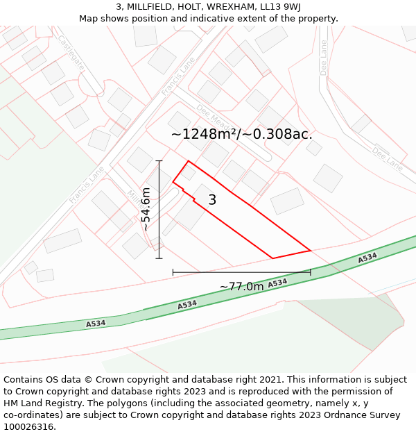 3, MILLFIELD, HOLT, WREXHAM, LL13 9WJ: Plot and title map