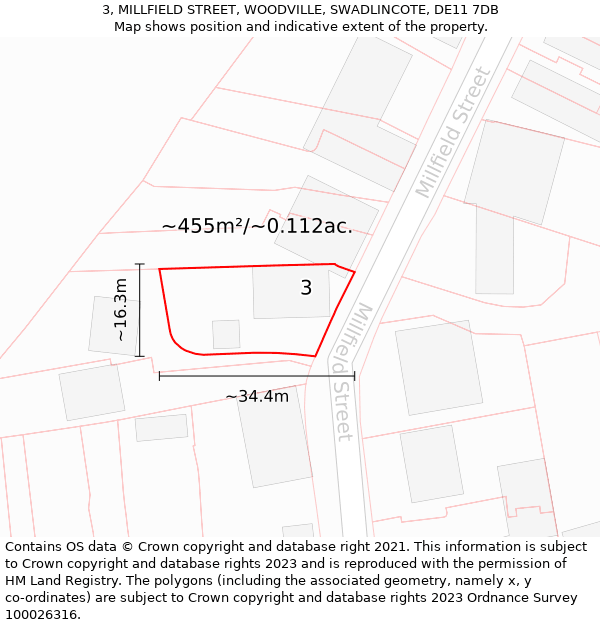 3, MILLFIELD STREET, WOODVILLE, SWADLINCOTE, DE11 7DB: Plot and title map