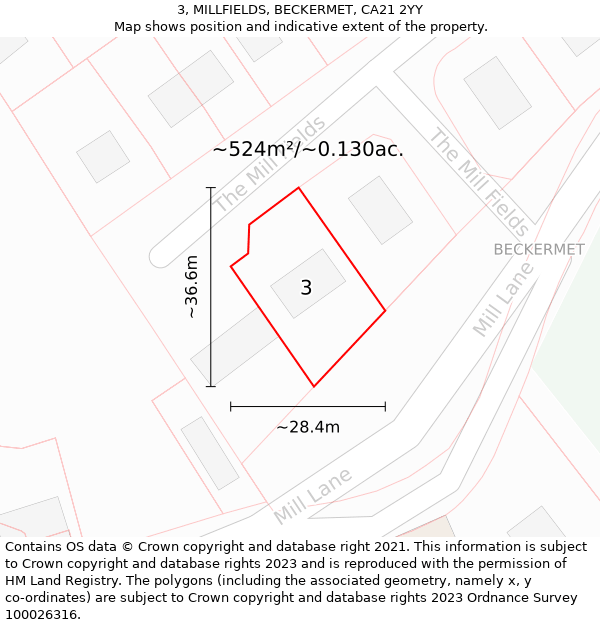 3, MILLFIELDS, BECKERMET, CA21 2YY: Plot and title map