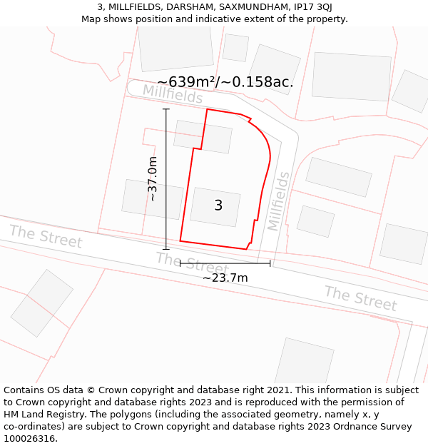 3, MILLFIELDS, DARSHAM, SAXMUNDHAM, IP17 3QJ: Plot and title map