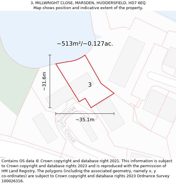 3, MILLWRIGHT CLOSE, MARSDEN, HUDDERSFIELD, HD7 6EQ: Plot and title map