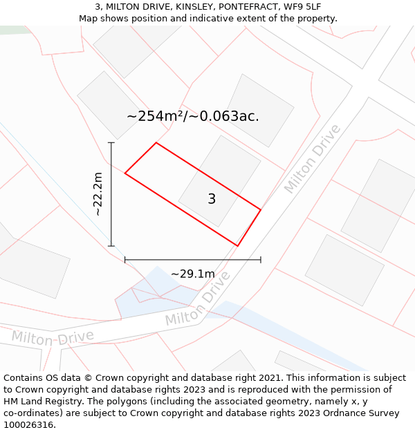 3, MILTON DRIVE, KINSLEY, PONTEFRACT, WF9 5LF: Plot and title map