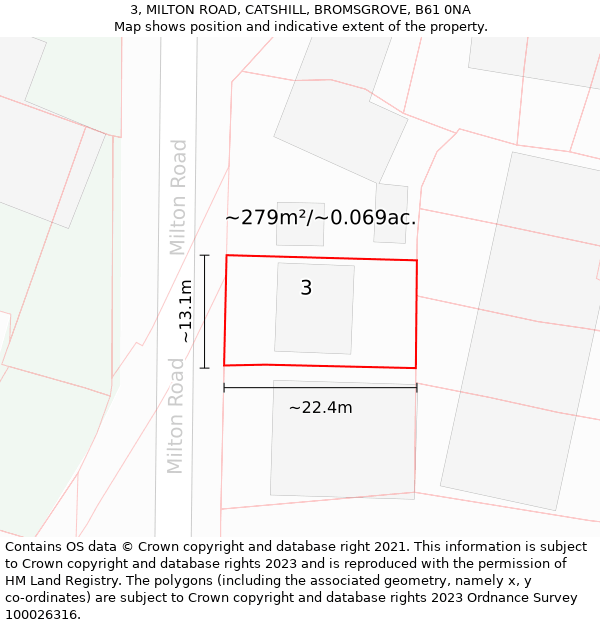 3, MILTON ROAD, CATSHILL, BROMSGROVE, B61 0NA: Plot and title map