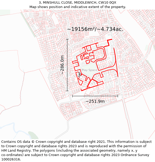 3, MINSHULL CLOSE, MIDDLEWICH, CW10 0QX: Plot and title map