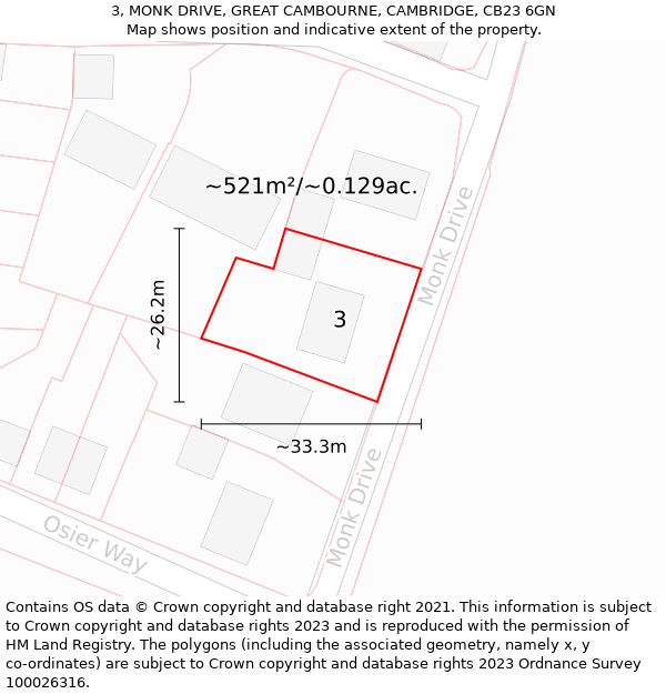 3, MONK DRIVE, GREAT CAMBOURNE, CAMBRIDGE, CB23 6GN: Plot and title map