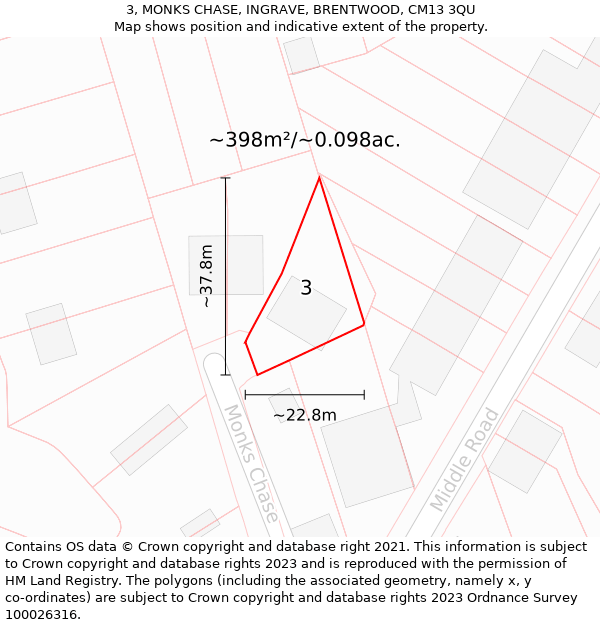 3, MONKS CHASE, INGRAVE, BRENTWOOD, CM13 3QU: Plot and title map