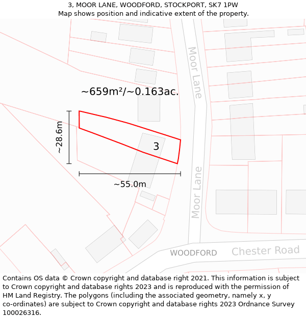 3, MOOR LANE, WOODFORD, STOCKPORT, SK7 1PW: Plot and title map