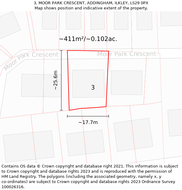 3, MOOR PARK CRESCENT, ADDINGHAM, ILKLEY, LS29 0PX: Plot and title map