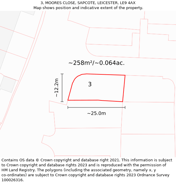 3, MOORES CLOSE, SAPCOTE, LEICESTER, LE9 4AX: Plot and title map