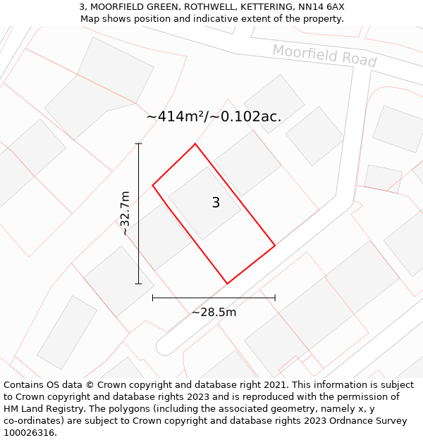 3, MOORFIELD GREEN, ROTHWELL, KETTERING, NN14 6AX: Plot and title map