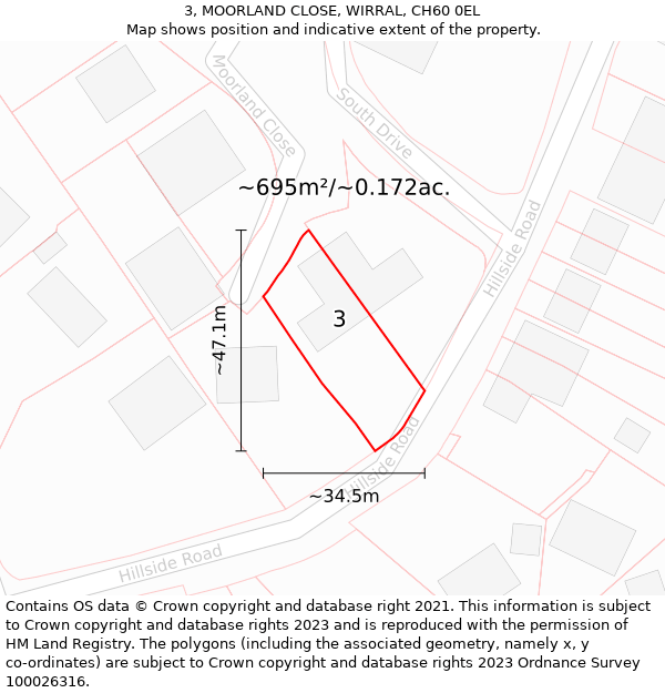 3, MOORLAND CLOSE, WIRRAL, CH60 0EL: Plot and title map