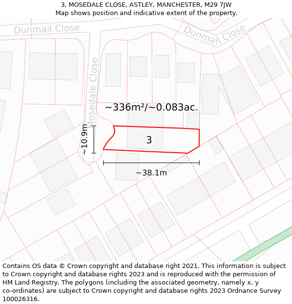 3, MOSEDALE CLOSE, ASTLEY, MANCHESTER, M29 7JW: Plot and title map