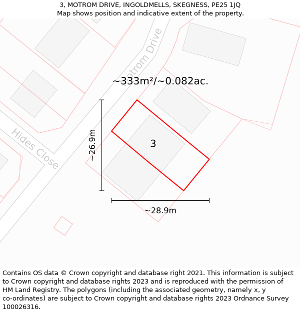 3, MOTROM DRIVE, INGOLDMELLS, SKEGNESS, PE25 1JQ: Plot and title map