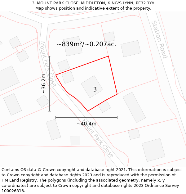 3, MOUNT PARK CLOSE, MIDDLETON, KING'S LYNN, PE32 1YA: Plot and title map