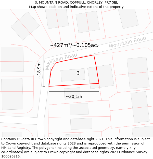 3, MOUNTAIN ROAD, COPPULL, CHORLEY, PR7 5EL: Plot and title map