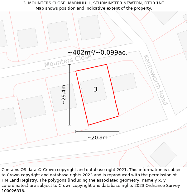 3, MOUNTERS CLOSE, MARNHULL, STURMINSTER NEWTON, DT10 1NT: Plot and title map