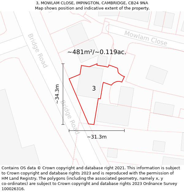 3, MOWLAM CLOSE, IMPINGTON, CAMBRIDGE, CB24 9NA: Plot and title map