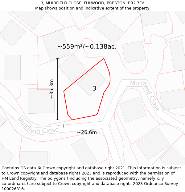 3, MUIRFIELD CLOSE, FULWOOD, PRESTON, PR2 7EA: Plot and title map