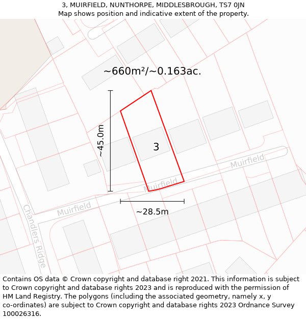 3, MUIRFIELD, NUNTHORPE, MIDDLESBROUGH, TS7 0JN: Plot and title map