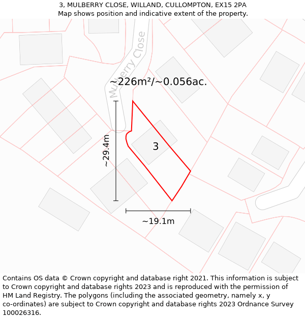 3, MULBERRY CLOSE, WILLAND, CULLOMPTON, EX15 2PA: Plot and title map