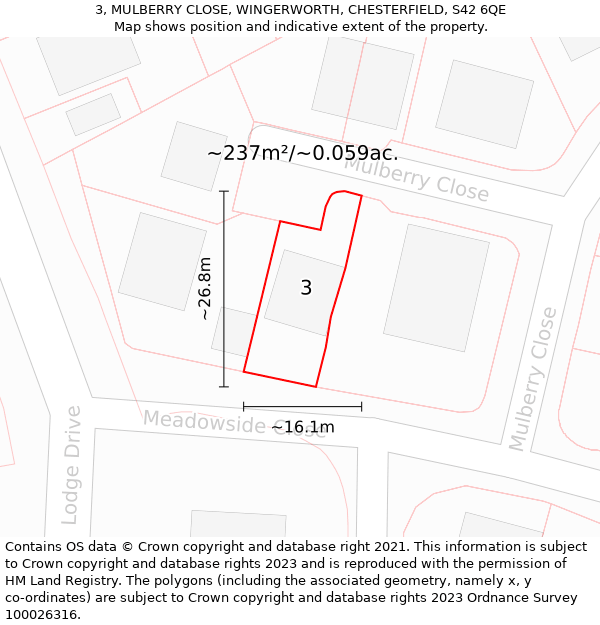 3, MULBERRY CLOSE, WINGERWORTH, CHESTERFIELD, S42 6QE: Plot and title map