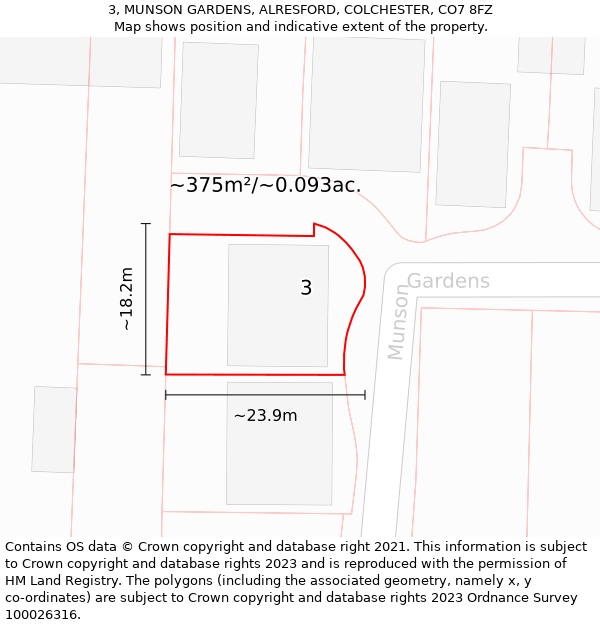 3, MUNSON GARDENS, ALRESFORD, COLCHESTER, CO7 8FZ: Plot and title map