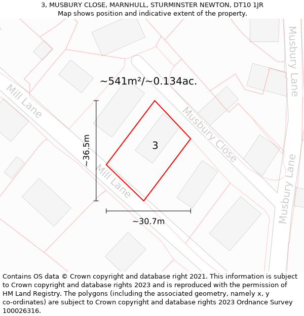 3, MUSBURY CLOSE, MARNHULL, STURMINSTER NEWTON, DT10 1JR: Plot and title map