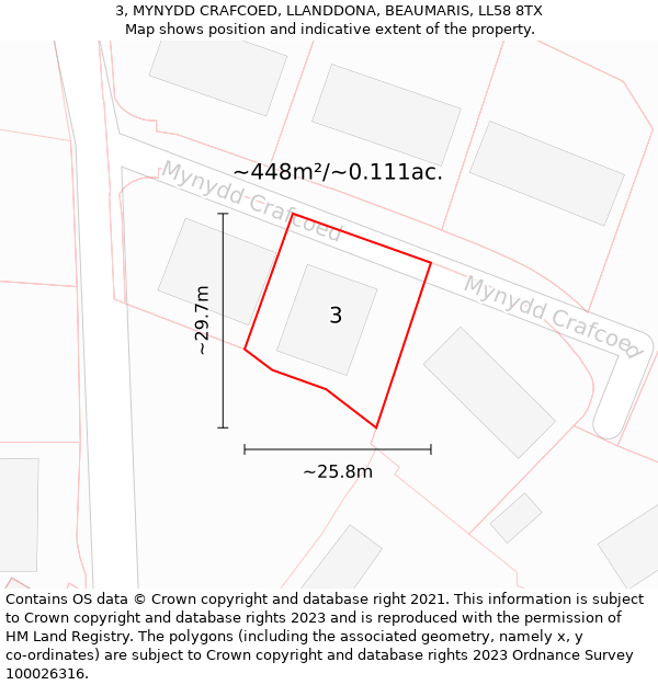 3, MYNYDD CRAFCOED, LLANDDONA, BEAUMARIS, LL58 8TX: Plot and title map