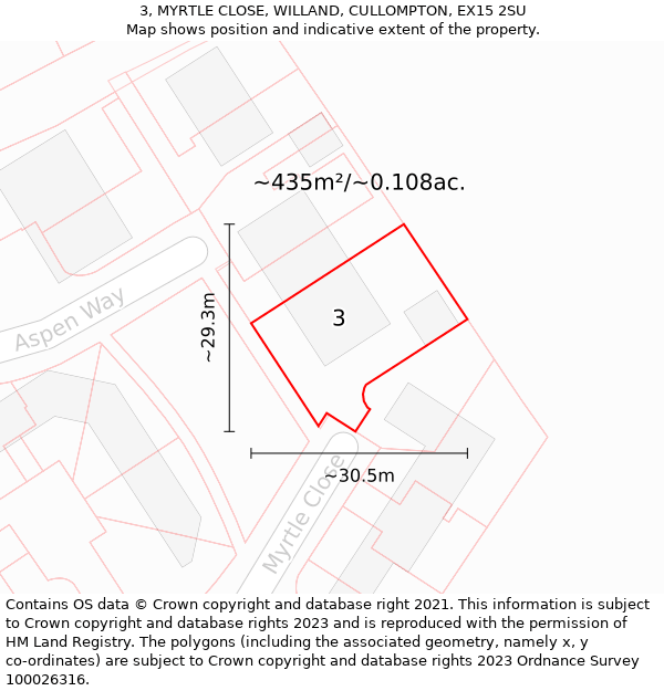 3, MYRTLE CLOSE, WILLAND, CULLOMPTON, EX15 2SU: Plot and title map