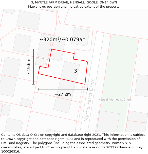 3, MYRTLE FARM DRIVE, HENSALL, GOOLE, DN14 0WN: Plot and title map