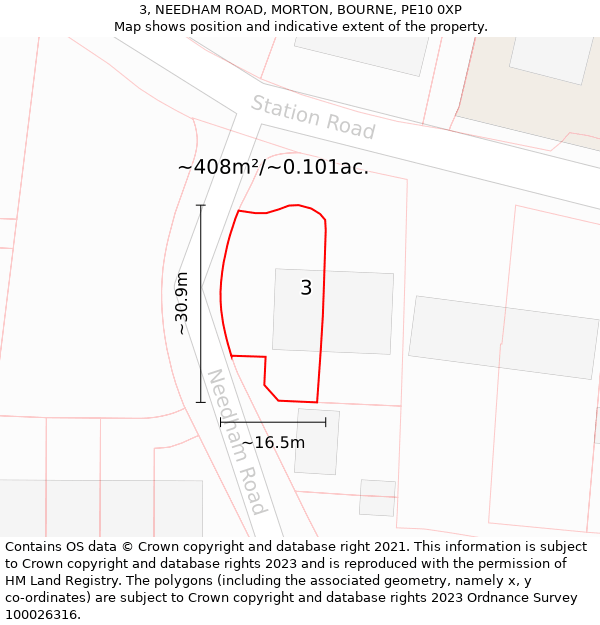 3, NEEDHAM ROAD, MORTON, BOURNE, PE10 0XP: Plot and title map