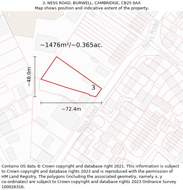 3, NESS ROAD, BURWELL, CAMBRIDGE, CB25 0AA: Plot and title map