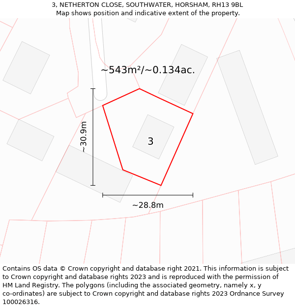 3, NETHERTON CLOSE, SOUTHWATER, HORSHAM, RH13 9BL: Plot and title map