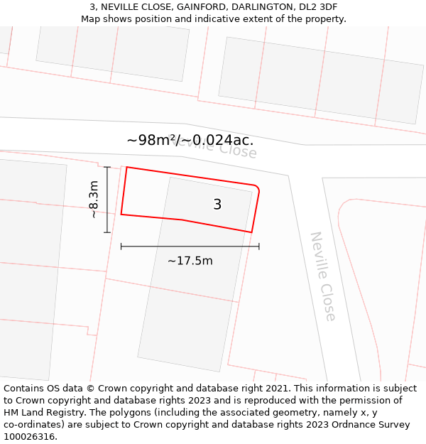 3, NEVILLE CLOSE, GAINFORD, DARLINGTON, DL2 3DF: Plot and title map