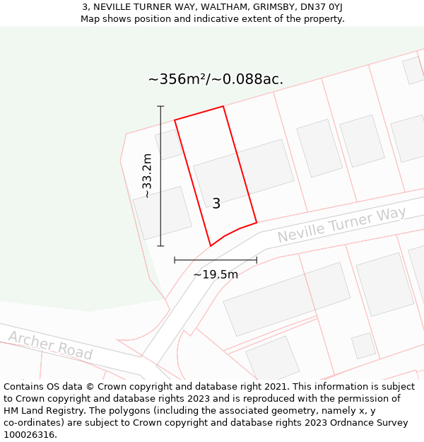 3, NEVILLE TURNER WAY, WALTHAM, GRIMSBY, DN37 0YJ: Plot and title map