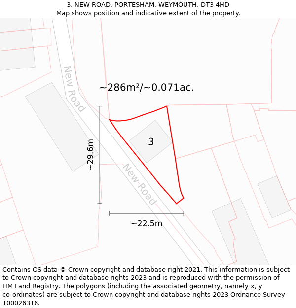 3, NEW ROAD, PORTESHAM, WEYMOUTH, DT3 4HD: Plot and title map