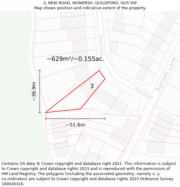 3, NEW ROAD, WONERSH, GUILDFORD, GU5 0SF: Plot and title map