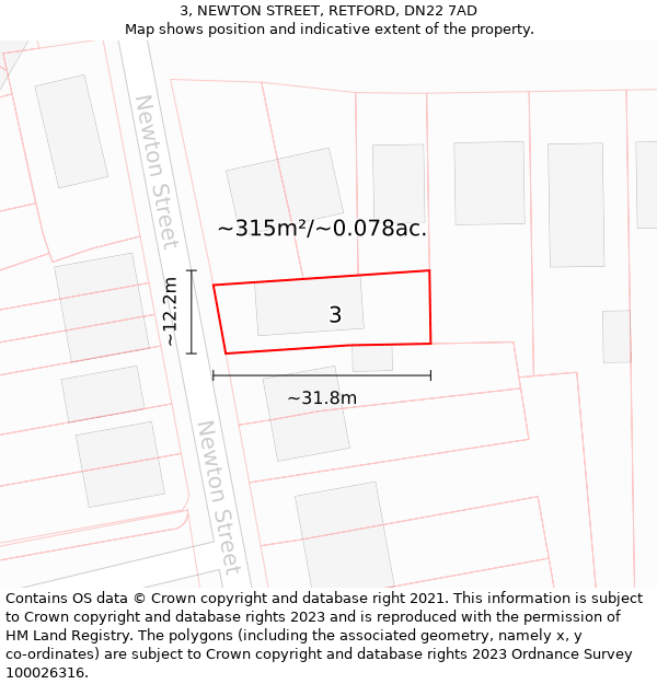 3, NEWTON STREET, RETFORD, DN22 7AD: Plot and title map