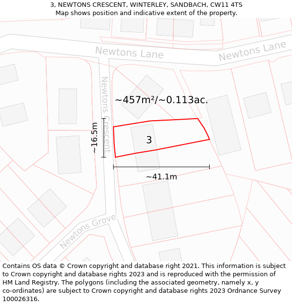 3, NEWTONS CRESCENT, WINTERLEY, SANDBACH, CW11 4TS: Plot and title map