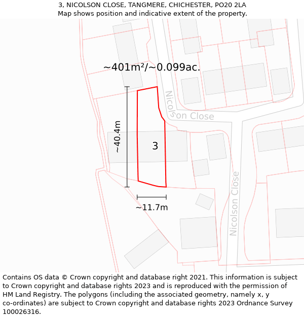 3, NICOLSON CLOSE, TANGMERE, CHICHESTER, PO20 2LA: Plot and title map