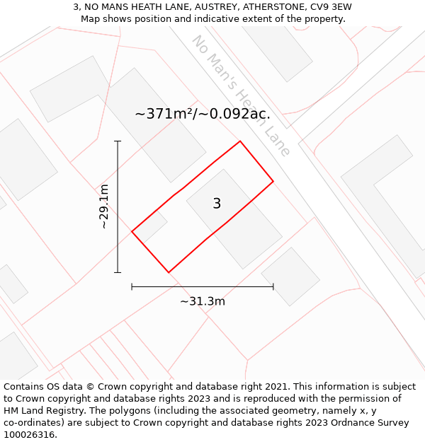 3, NO MANS HEATH LANE, AUSTREY, ATHERSTONE, CV9 3EW: Plot and title map