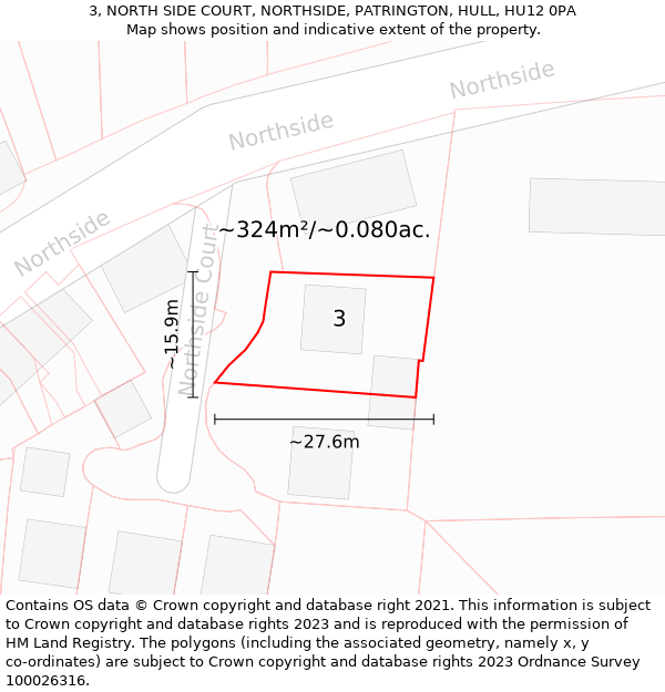 3, NORTH SIDE COURT, NORTHSIDE, PATRINGTON, HULL, HU12 0PA: Plot and title map