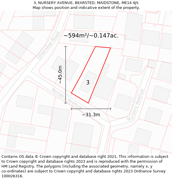 3, NURSERY AVENUE, BEARSTED, MAIDSTONE, ME14 4JS: Plot and title map