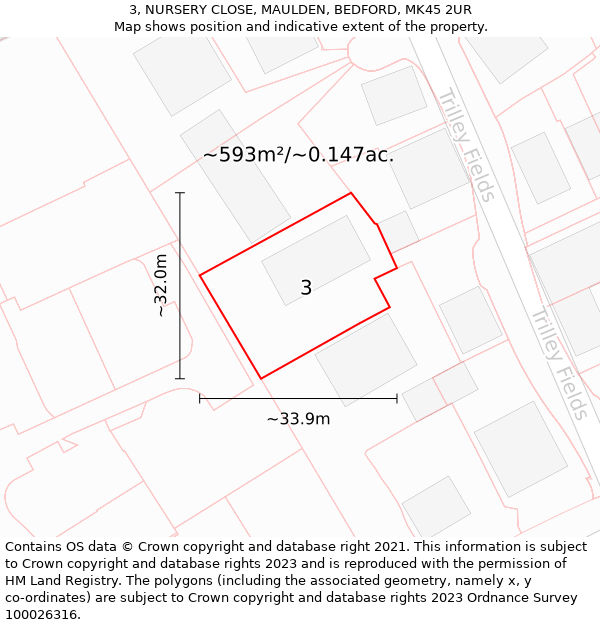 3, NURSERY CLOSE, MAULDEN, BEDFORD, MK45 2UR: Plot and title map