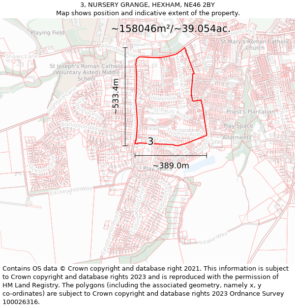 3, NURSERY GRANGE, HEXHAM, NE46 2BY: Plot and title map