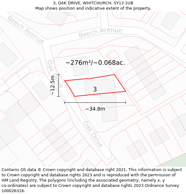 3, OAK DRIVE, WHITCHURCH, SY13 1UB: Plot and title map