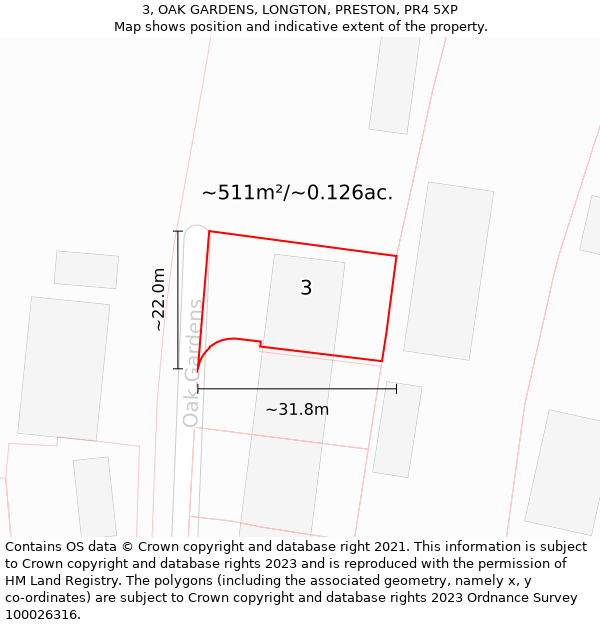 3, OAK GARDENS, LONGTON, PRESTON, PR4 5XP: Plot and title map