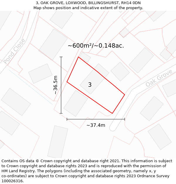 3, OAK GROVE, LOXWOOD, BILLINGSHURST, RH14 0DN: Plot and title map