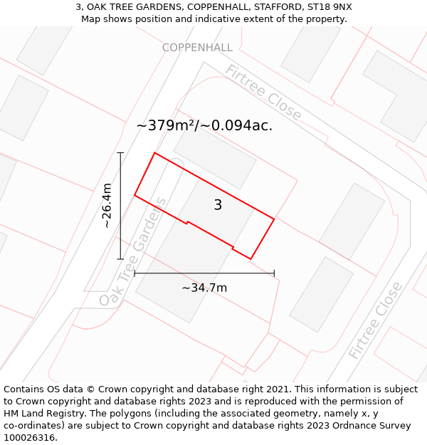 3, OAK TREE GARDENS, COPPENHALL, STAFFORD, ST18 9NX: Plot and title map